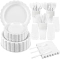 50 Set White Plates and Napkins Scalloped White Dinnerware by Xiangqu