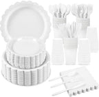 50 Set White Plates and Napkins Scalloped White Dinnerware by Xiangqu