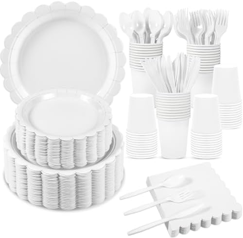 50 Set White Plates and Napkins Scalloped White Dinnerware by Xiangqu