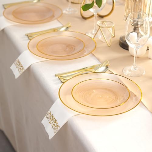 N9R 180PCS Orange Brown Plastic Plates Disposable, Fancy Dinnerware Set - Image 5