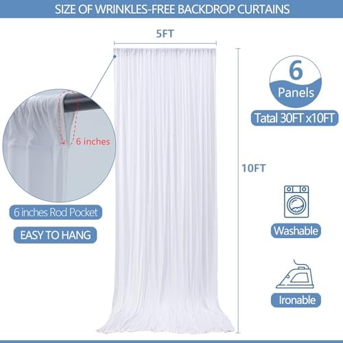 30x10ft Wrinkle Free White Backdrop Curtain for Parties Soft Fabric Drapes Wedding White Curtain Backdrop for Birthday Party Decorations Background for Photography 5x10ft, 6 Panels - Image 3