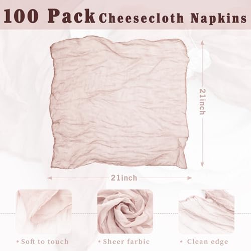 100 Pack Dusty Pink Cloth Napkins 21x21 Inches Dusty Pink Cheesecloth Napkins Set of 100 Washable Dinner Table Napkins for Wedding Bridal Baby Shower Party Rustic Boho Cotton Gauze Party Table Decor - Image 3