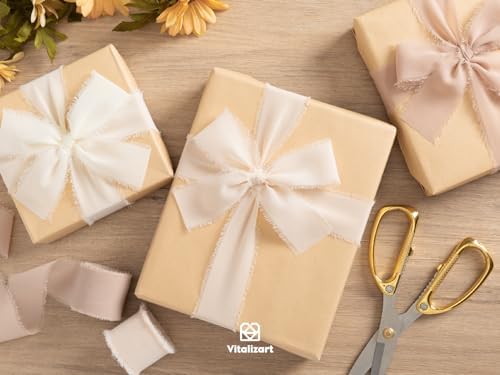 Vitalizart 3 Rolls Handmade Chiffon Silk Ribbon 1 1/2 Inch Nude & White with 3 Rolls Silk Satin Ribbon 1 1/2 inch Champagne & Nude - Image 7