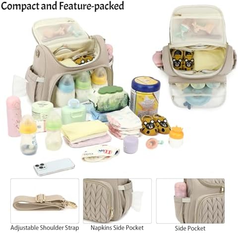 Small Diaper Bag Backpack Quilted Mini Baby Crossbody Diaper Bag Tote for Mom and Baby Girls Boys (Beige) - Image 3