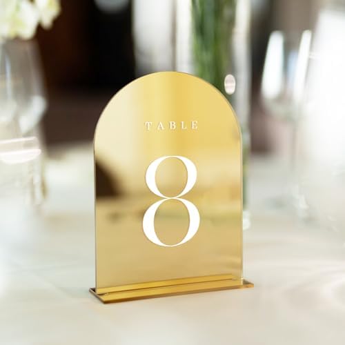 Gold Mirror Table Numbers 1-10 with Stands, 10 Pack 5"x7" Gold Acrylic Arch Sign with Stand Gold Mirror Acrylic Arch Table Numbers for Wedding Reception - Image 3