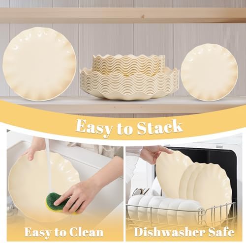 LIYH 50 Pcs Beige Plastic Plates Reusable Unbreakable Dinner Plates Scalloped Plastic Plate Dishwasher Safe Ivory Plate Sets Perfect for Parties Birthday Picnics BPA Free (25Guests) - Image 4