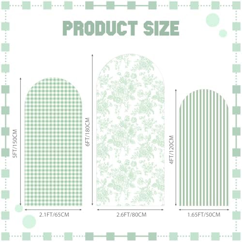 SiliFine Set of 3 Sage Green Arch Cover 4ft 5ft 6ft Chinoiserie Floral Stretchy Backdrop Covers Gingham Striped Backdrop Cover for Wedding Birthday Party Bridal Shower Baby Shower Celebration - Image 2