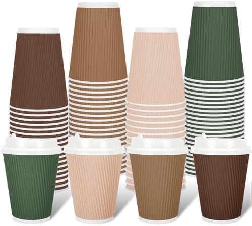 Whaline 100Pcs Woodland Themed Disposable Coffee Cups with Lids Paper Cup 12oz Brown Green Corrugated Ripple Wall Insulated Hot Cup for Home Office Party Supplies by Whaline