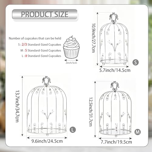Set of 3 Metal Birdcage Cake Stand Set with Crystal Accents, Elegant Cupcake Holder Display for Wedding, Birthday, Baby Shower, Party Dessert Table Decorations (Silver, Set of 3) - Image 2