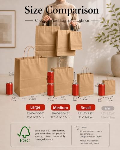qiqee 100-Packs Brown Paper Gift Bags with Handles Bulk Assorted Sizes(33pcs Large 13", 33pcs Medium 11", 34pcs Small 8") - Image 2