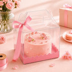 15 Pack Clear Cake Boxes 6 x 6 x 8.3 Inch, Transparent Bakery Gift Boxes with Pink Base and Ribbon, Thick PET Cake Carrier Boxes with Handle for Cupcakes Cookies Mini Cakes Wedding Birthday Party (15) by Unknown