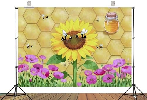 9x6ft Fabric Sunflower Honeycomb Bee Backdrop Poppy Honey Jar Background for Bee Garden Party Baby Shower Decorations Photo Shoot Studio Props - Image 2