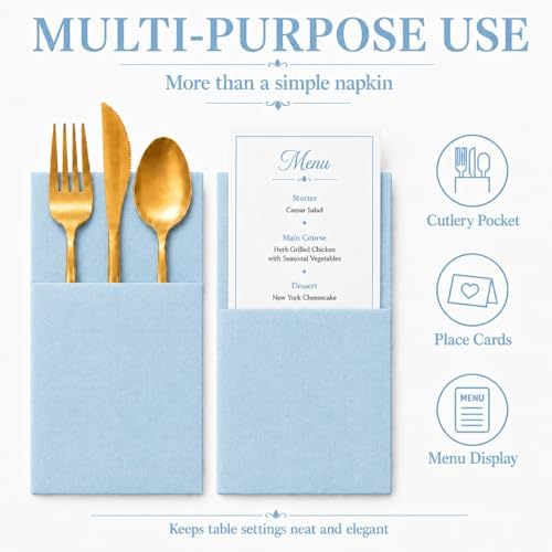 100Pcs Light Blue Napkins sage Disposable Linen Feel Dinner Paper Napkin with Built-in Flatware Pocket, Airlaid Paper Pre-Folded Napkin for Silverware Baby Shower Wedding Birthday Party - Image 6
