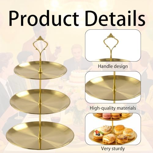3 Pcs 3 Tier Stainless Steel Cupcake Stand, Gold Tiered Dessert Stand for Wedding, Birthday Party, Baby Shower, Tea Party, Graduation Ball (Gold) - Image 3