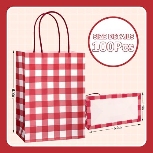 JarThenaAMCS 100Pcs Christmas Red White Checkered Kraft Paper Bag With Handles Gingham Treat Gift Bags Candy Goodie Bag for Baby Shower Birthday Party Favors Supplies - Image 2