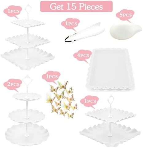 15 PCS Dessert Table Display Set White Cupcake Stand,3 Tiered Tray Stand Cup Cake Tower Holder, Cake Stand Serving Trays Dessert Display Stands for Tea Party Wedding Baby Shower-White - Image 3