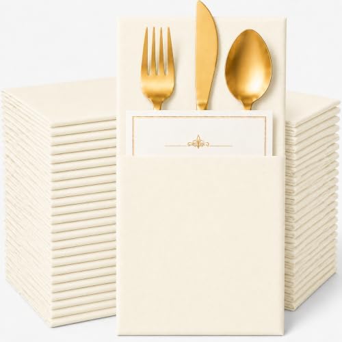 100 Pcs Beige Napkins Disposable Linen Feel Dinner Paper Napkins with Built-in Flatware Pocket, 16"x16" Airlaid Paper Pre-Folded Napkins for Silverware Baby Shower Easter Wedding Birthday Party by Unknown