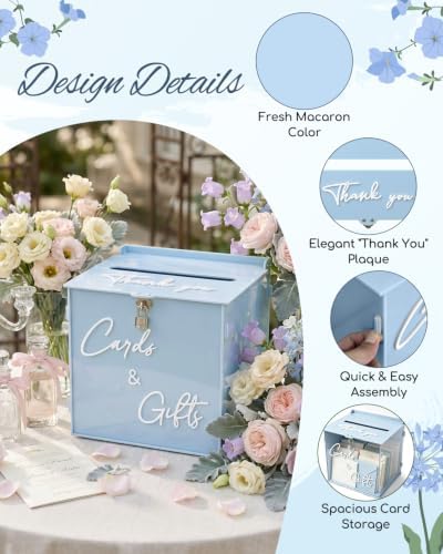 Sky Blue Acrylic Wedding Card Box with Lock, 10" Card Holder with Slot - Image 4