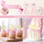 Party Inspo Over the Moon Baby Shower Decorations for Girl – 127 PCs Moon Themed Party Supplies with Backdrop Balloon Garland Cake Topper Tablecloth Sash Poster Banner for Girl Baby Shower - Image 4