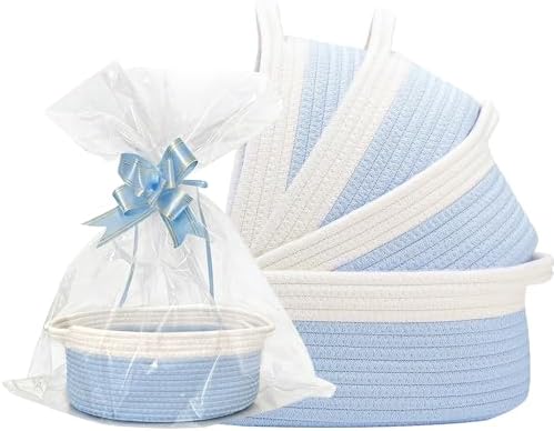 5 Pack Small Woven Cotton Rope Storage Basket with Gift Bags and Ribbons, Nursery Organizer Bin with Handles for Gift Laundry Home Organization, Blue by Lifenanny