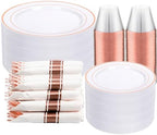 DaYammi 350PCS Rose Gold Plastic Dinnerware Set for 50 Guests, Plastic Plates for Party Include: 50 Dinner Plates, 50 Dessert plates,50 Pre Rolled Napkins with Rose Gold Silverware,50 Cups for Wedding by DaYammiwillaccompanyyou