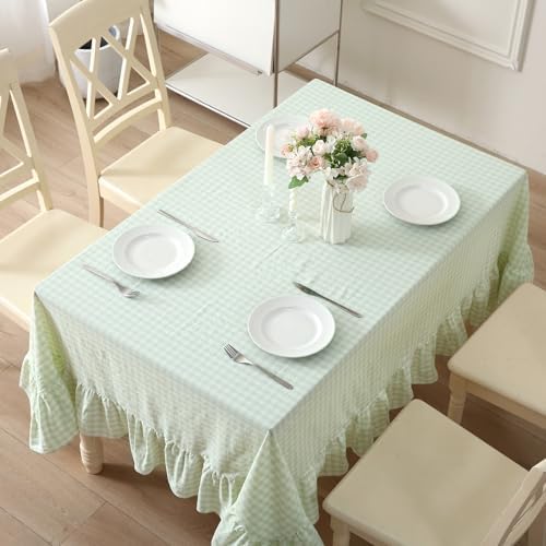 Pile Green White Gingham Ruffle Tablecloth Square 60"x60" - Image 3