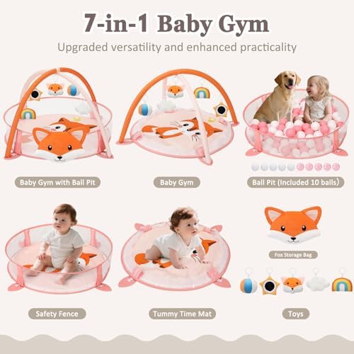 7-in-1 XL Large Baby Play Gym Mat, Tummy Time Mat, Baby Gym & Ball Pit, Baby Activity Mat with Milestone Cards & 6 Detachable Toys for Sensory Motor Skill, Fox - Image 2
