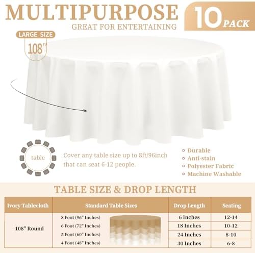 Showgeous 108 Inch Ivory Round Tablecloths, Polyester Table Covers - Image 2