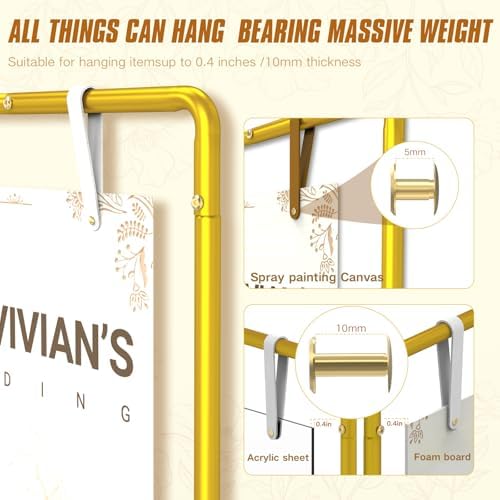 Wedding Sign Holder Adjustable Welcome to Our Wedding Sign Stand 68”x31”x 20”Heavy Duty Metal Easel for Signs,Include 6 Sign Hanging Straps &Storage Bag& for Signs& Seating Charts & Event Decor(Gold) - Image 5