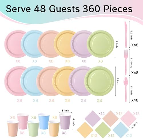 360 Pcs Pastel Disposable Plates and Napkins Tableware Set for 48 Guests - Image 2