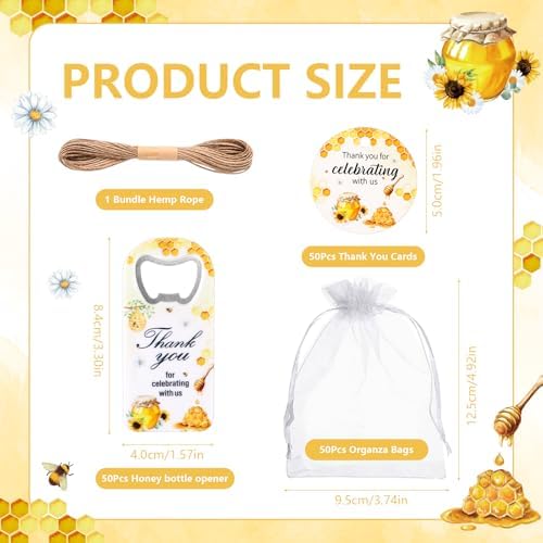 50Pcs Bee Baby Shower Bottle Opener Favors for Guests Cute Magnetic Handheld Bottle Openers with Organza Bags and Thank You Cards, for Gender Reveal Theme Party Decorations Rerurn Gift Souvenirs（Bee） - Image 2