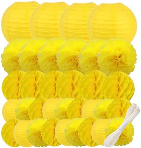 WOLHOWLTD Yellow Paper Decoration Set - 34 Pcs Paper Lanterns, Pompoms, Honeycomb for Wedding,Harvest, Summer Aloha Party, School Day,Baby Shower,Birthday Party Classroom,Home Decoration(Yellow) by Unknown