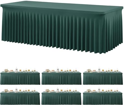 6 Pack Hunter Green Spandex Tablecloth for 8 Foot Rectangle Tables, Wrinkle Free Fitted Table Cloth Cover 8FT Green Stretchy Tablecloths with Skirt for Parties Weddings Birthday Banquet Baby Shower by Htper