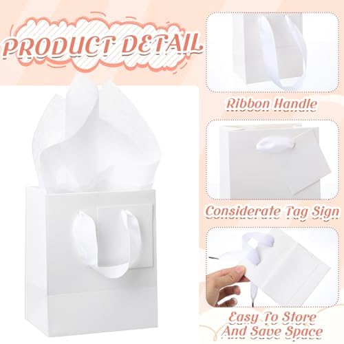 Qilery 50 Pcs Wedding Paper Gift Bags Bulk with Tissue Paper Small Gift Bags with Handle and Tags for Birthday Wedding 4th of July Party Business(White,4.7 x 2.4 x 3.9'') - Image 3