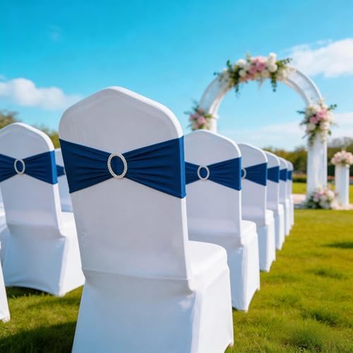 Pack of 100 Royal Blue Chair Sashes Bows Spandex Chair Bands Silver Buckle - Image 5