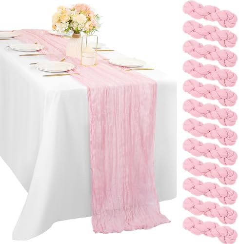 Light Pink 12 Pcs Cheesecloth Table Runner 10FT Runner for Tables Gauze Fabric 35 x 120 Inches Long Boho Table Runner Decoration Rustic Sheer Runner for Wedding Birthday Baby Shower Party (Light Pink) by Sunnyline
