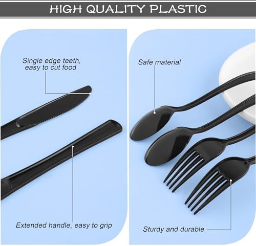 Kochorie 300 Pieces Black Plastic Silverware Heavy Duty Disposable Utensils - Image 3
