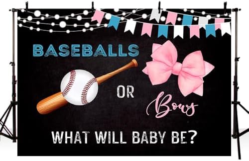 MEHOFOND 8x6ft Baseballs or Bows Gender Reveal Backdrop for Black Boy or Girl What Will Baby Be Decorations Banner Pink Bows Gender Reveal Baby Shower Photography Background Cake Table Supplies - Image 3
