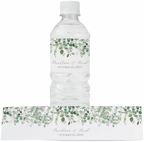 Personalized Water Bottle Labels with Choice of 30 Flower Styles - Choose Font and Pre-Made Phrases or Design Custom Text - LABELS ONLY (001 Eucalyptus, 2 inch (8.5x2")) by ThePaperedWedding