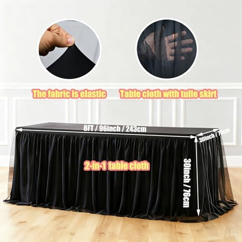 2-Pack Black 2-in-1 Tulle Tablecloth for 8-Foot Rectangular Table - Image 2