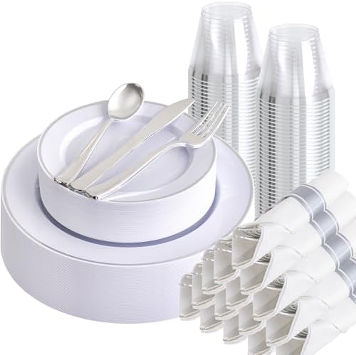 SUT 175 Pcs Silver Plastic Dinnerware Set for 25 Guests, Include: 25 Dinner Plates, 25 Dessert Plates, 25 Pre Rolled Napkins With Silver Silverware, 25 Cups, Disposable Plates for Wedding, Party by SeeYouTomorrow