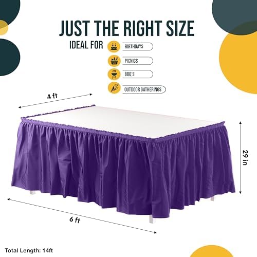 Exquisite Purple Table Skirt 24 Pack - Disposable Plastic Table Skirts for Rectangle Tables 6ft 8ft & Round Tables - 29in x 14ft Self-Adhesive Strip - Birthday Wedding Gender Reveal Decor - Image 4