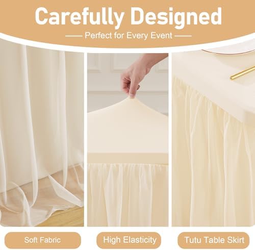 Champagne Table Cloth Rectangle 6ft Stretch Fitted Tulle Tablecloth Spandex Rectangular Table Cover with Ruffle Skirt for Wedding Baby Shower Birthday Party Banquet Cake Dessert Table Decor - Image 5
