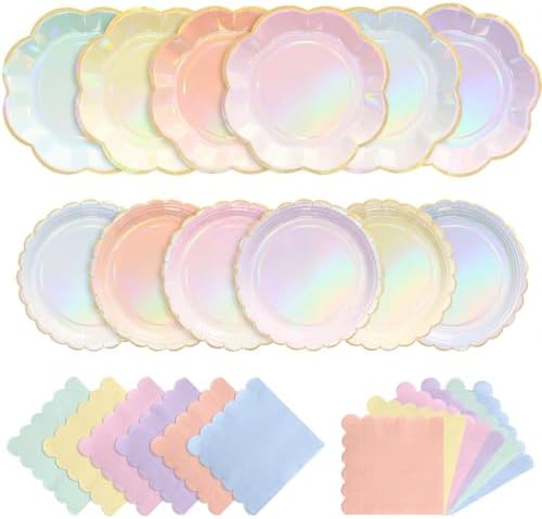144 Pcs 48 Guests Iridescent Pastel Party Plates and Napkins by Skybooly