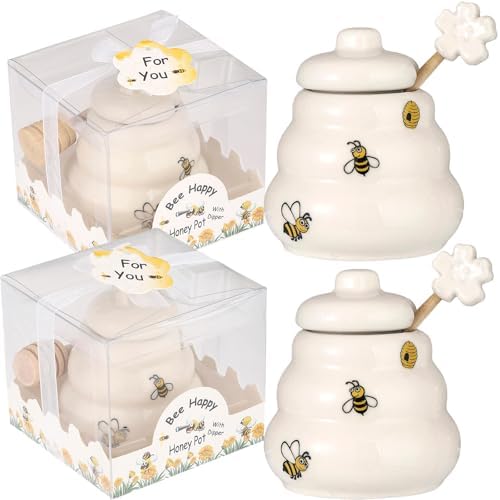 Ceramic Bee-Happy Honey Pot with Dipper，Honey Jar Serving Set with Exquisiting Package for Wedding Favor,Bridal Shower Favor, Baby Shower Favor，Party Favor (6, Scrolling) - Image 5