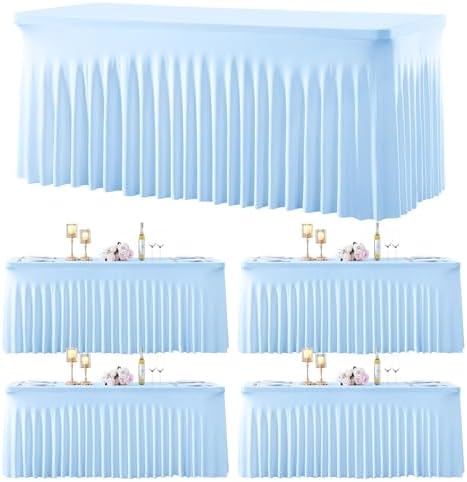 gogoparti 4 Pack Spandex Baby Blue Fitted Table Cloth for 8ft Rectangle Tables Light Blue Stretch Tablecloth Banquet Table Covers Wrinkle Free Tablecloths for Parties Wedding by Gogoparti