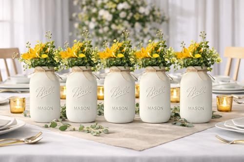 Sunflower Centerpieces for Tables | Set of 5 Table Centerpieces | Quart 32 oz Rustic Mason Jars, 10" Overall Height | Rustic Mason Jar Centerpieces with Sunflowers (Ivory - with Flowers Sunflowers) - Image 2