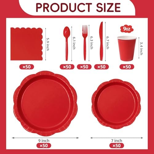 Red Party Supplies for 50 Guests, 350 Pcs Paper Plates and Napkins Set with Cups, Knives, Forks & Spoons, Thickened Decagonal Plates for Christmas Holiday Party Birthday Celebration - Image 4