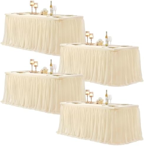 Champagne Table Cloths for 6 Foot Rectangle Tables, Tulle Table Skirt for Rectangle Table 6 ft Fitted Table Cover Desk Skirt Birthday Party Wedding Banquet Tablecloth Elastic Stretch Ruffle Tablecloth by LittleFunny