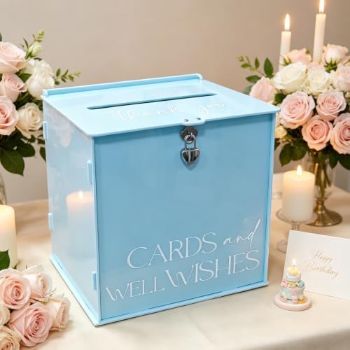 Acrylic Card Box with Lock & Slot, Macaron Blue Wedding Card Boxes for Reception Monetary Envelope Cash Gifts, Large Gift Cards Holder Box for Graduation Bridal Baby Shower Party Supplies - Image 4